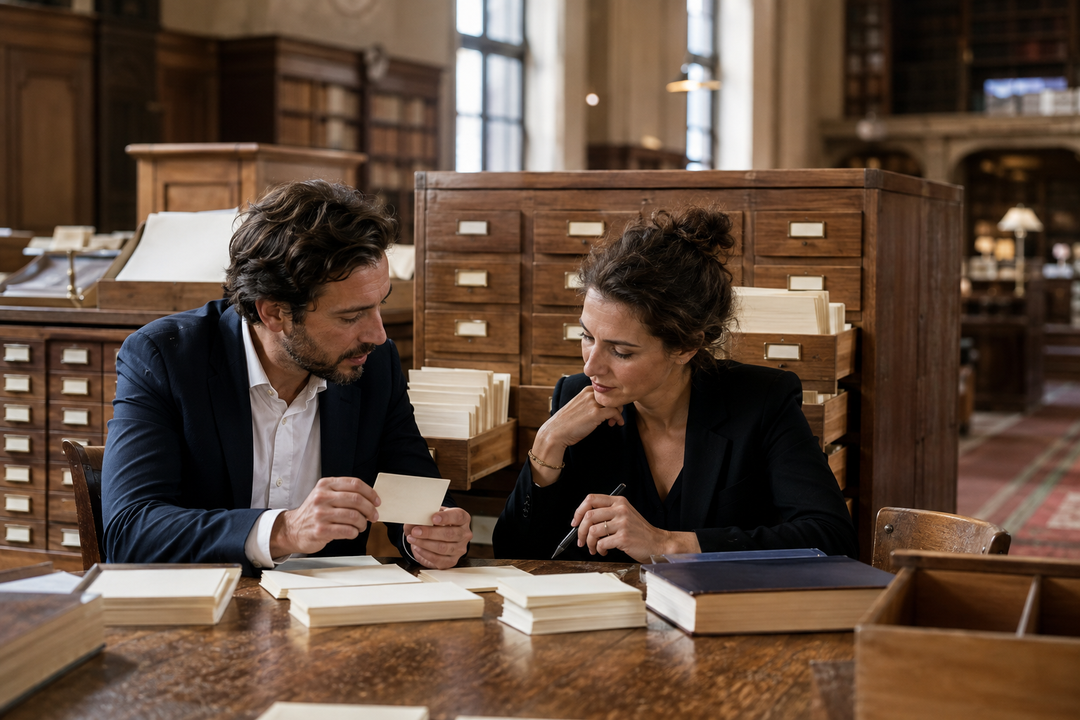 Deux consultants à une table de lecture, catalogue à tiroirs derrière, lumière chaude de salle